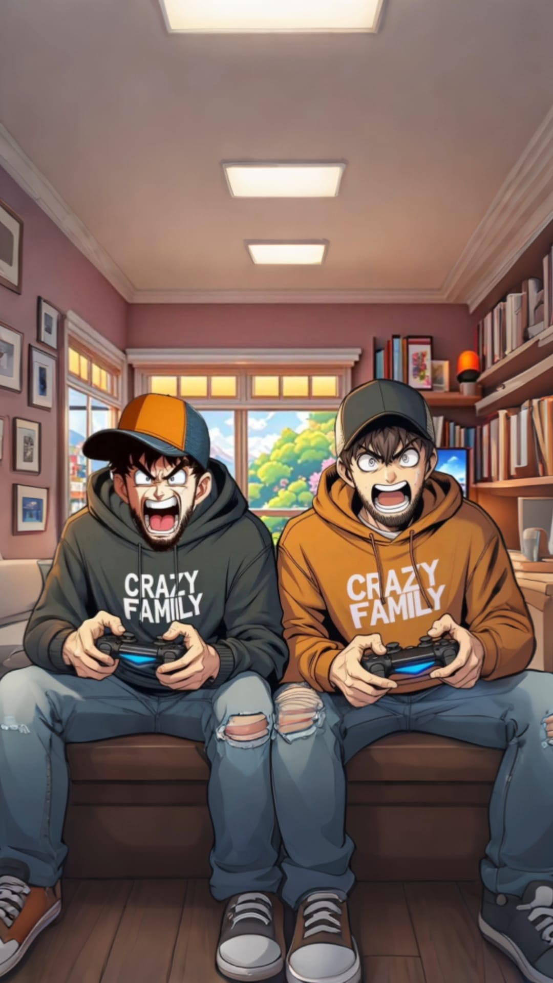 Die beiden CrazyFamily-Figuren mit Controller auf dem Sofa