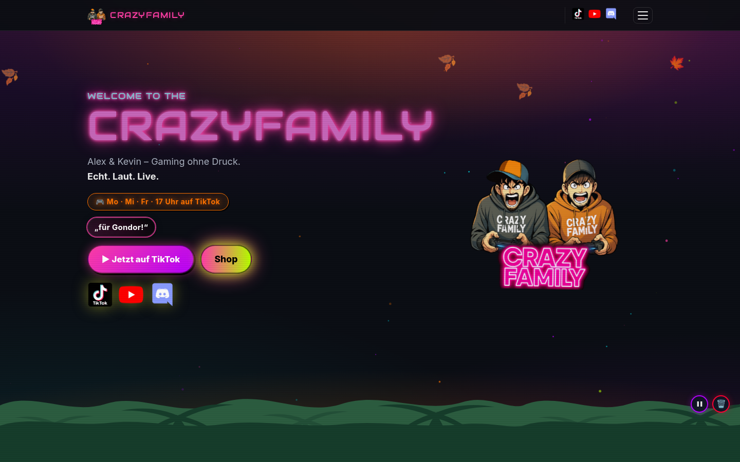 Die Startseite von crazyfamily.info: Neon-Logo, Alex und Kevin, Streamzeiten