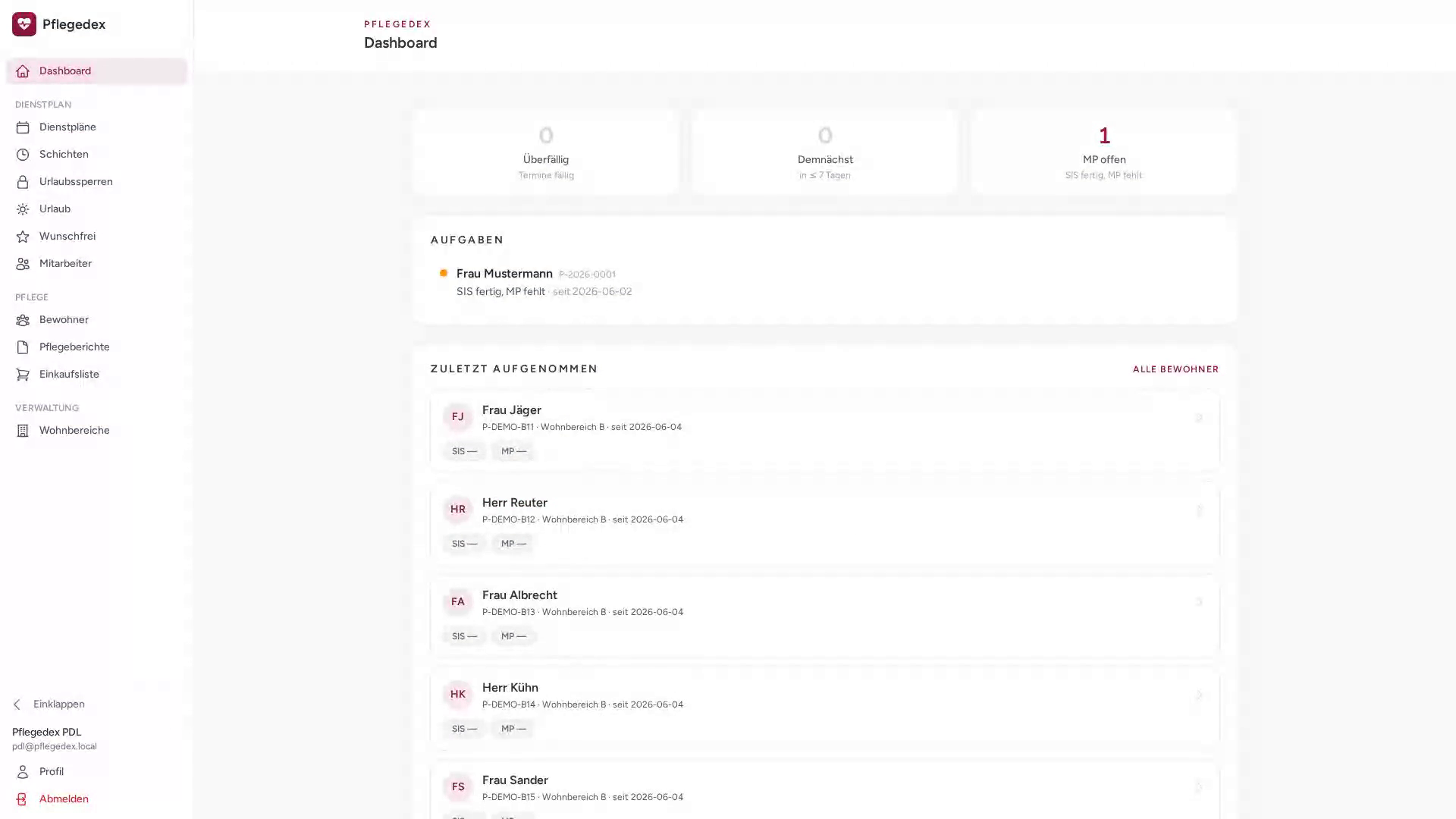 Dashboard mit offenen Aufgaben und zuletzt aufgenommenen Bewohnern