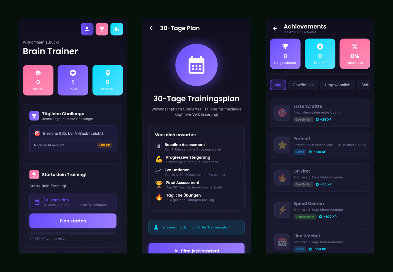 Startseite mit Streak, Level und täglicher Challenge, der 30-Tage-Plan und die Achievements