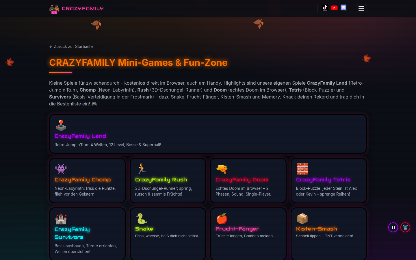Die Mini-Games-Seite: Land, Chomp, Rush, Doom, Tetris, Survivors und mehr