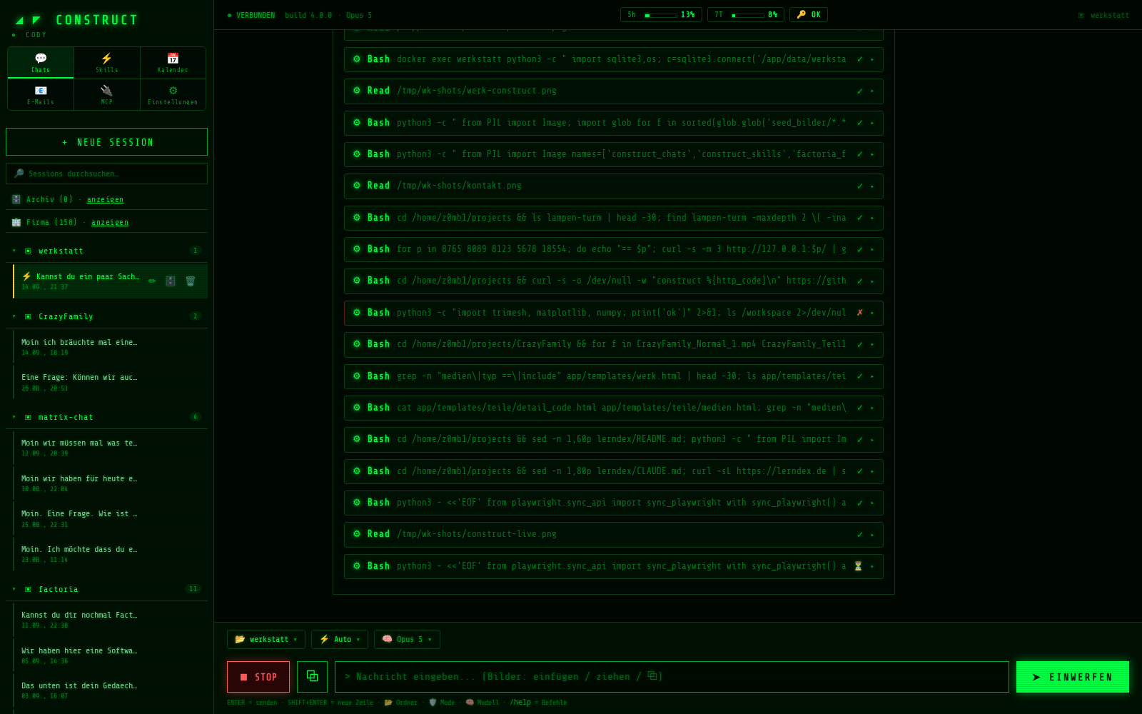 Eine laufende Session: Cody arbeitet sich mit Werkzeugaufrufen durch die Werkstatt