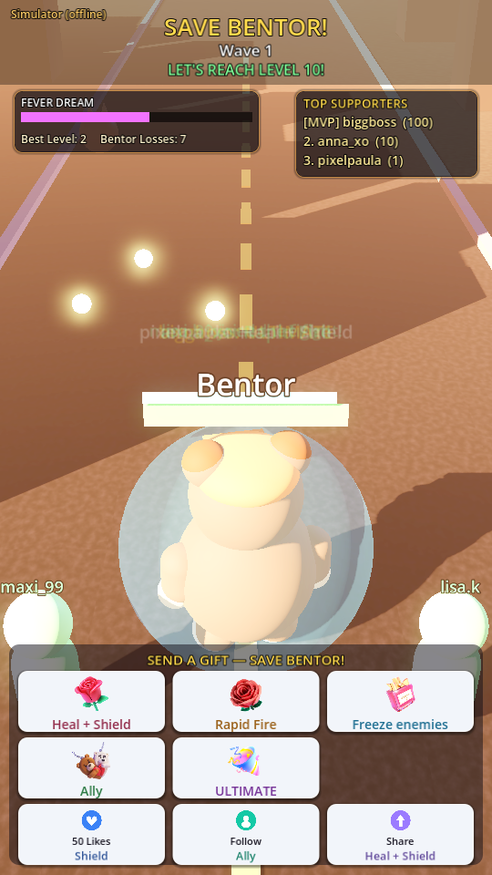 Save Bentor: das TikTok-Live-Spiel im Hochformat mit den Geschenk-Aktionen unten