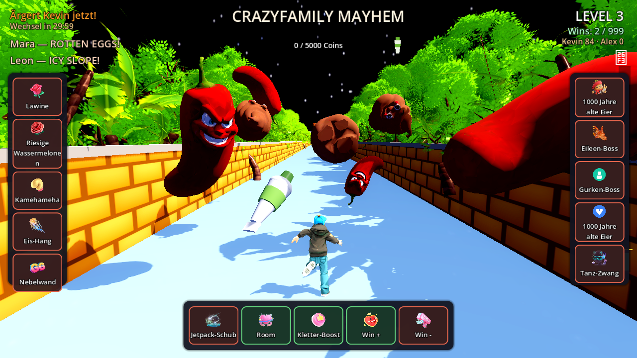 CrazyFamily Mayhem im Spiel: Kevin klettert den Hang hoch, Zuschauer-Props poltern herunter